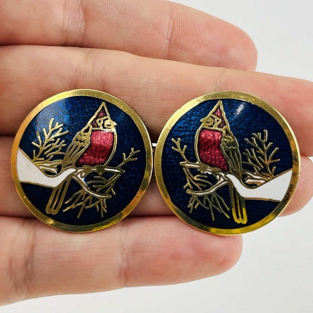 Cloisonne Huggie Earrings Pierced Red Cardinal White Snowy Branch Bird Blue Xmas